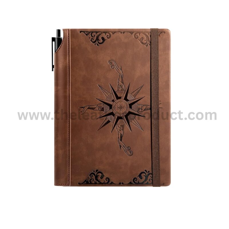 Brown Compass Leather Notebook Journal for Men, Hardcover Journaling Notebooks Gift Set with Pen for Travel Office Daily Writing