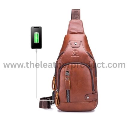 Men's Leather Sling Bag Chest Shoulder Backpack Crossbody Bag with USB Charging